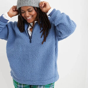 Aerie Dream Sherpa Quarter Zip Sweatshirt Marbled Blue Medium Oversized Pullover